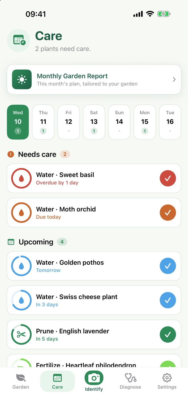 Care dashboard with watering reminders, overdue and upcoming tasks