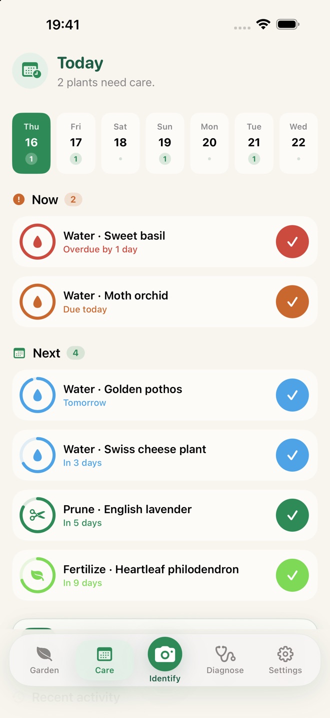 Care dashboard with watering reminders, overdue and upcoming tasks