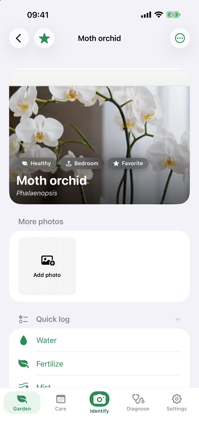 Plant detail screen for a Moth orchid with photos, quick log, and health history