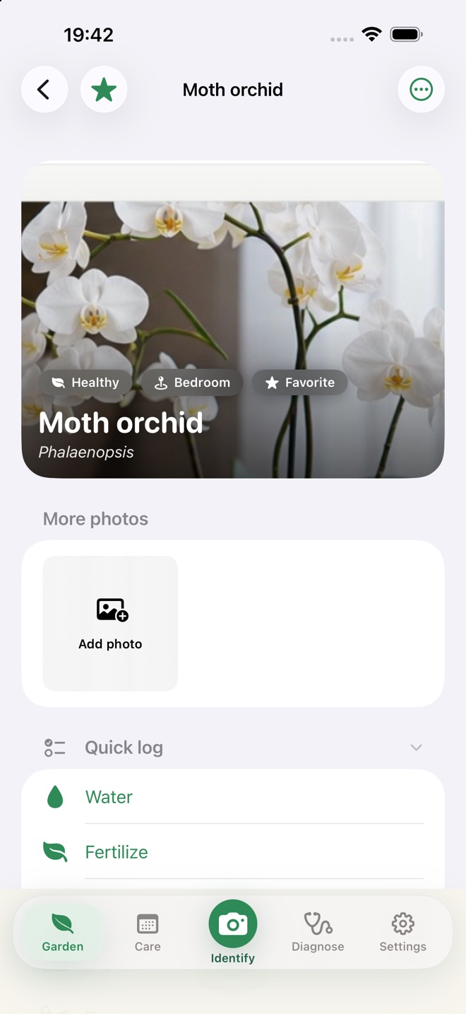 Plant detail screen for a Moth orchid with photos, quick log, and health history