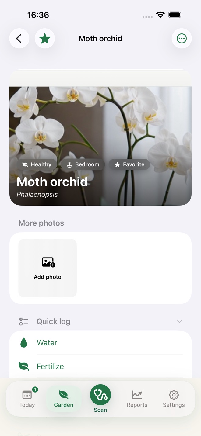 Plant detail screen for a Moth orchid with photos, quick log, and health history