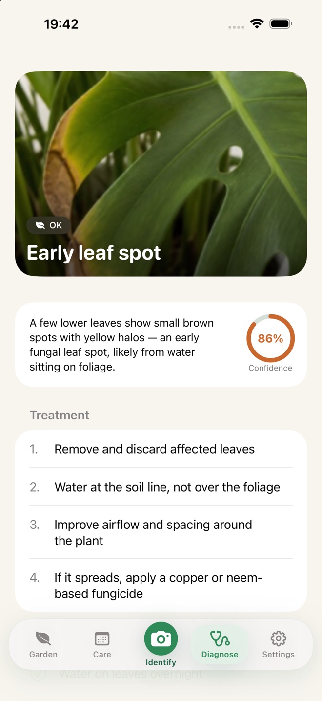 GardenIQ diagnosis screen showing early leaf spot and its treatment plan