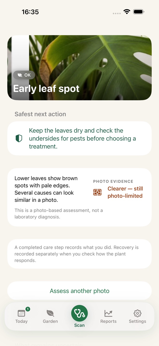 GardenIQ photo assessment showing a safe next action