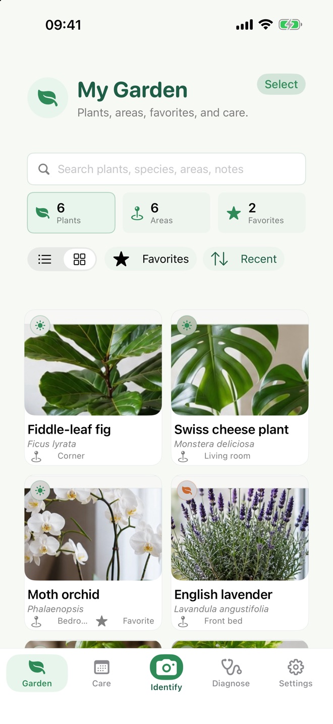 My Garden screen with a searchable grid of plants, areas, and favorites