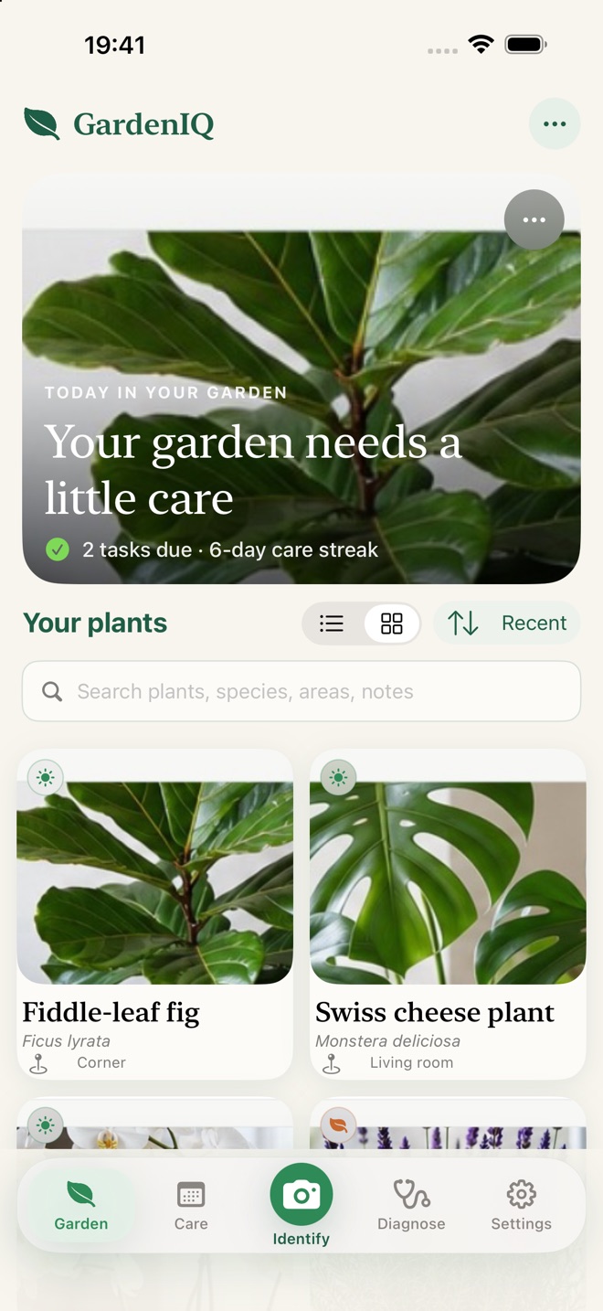 My Garden screen with a searchable grid of plants, areas, and favorites