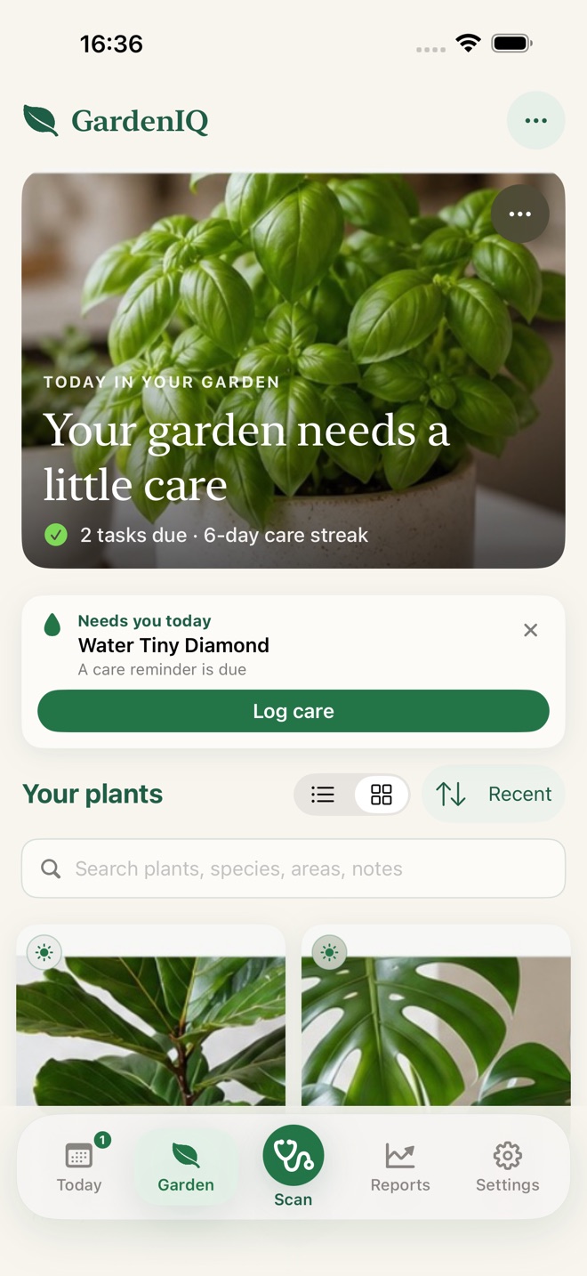My Garden screen with a searchable grid of plants, areas, and favorites