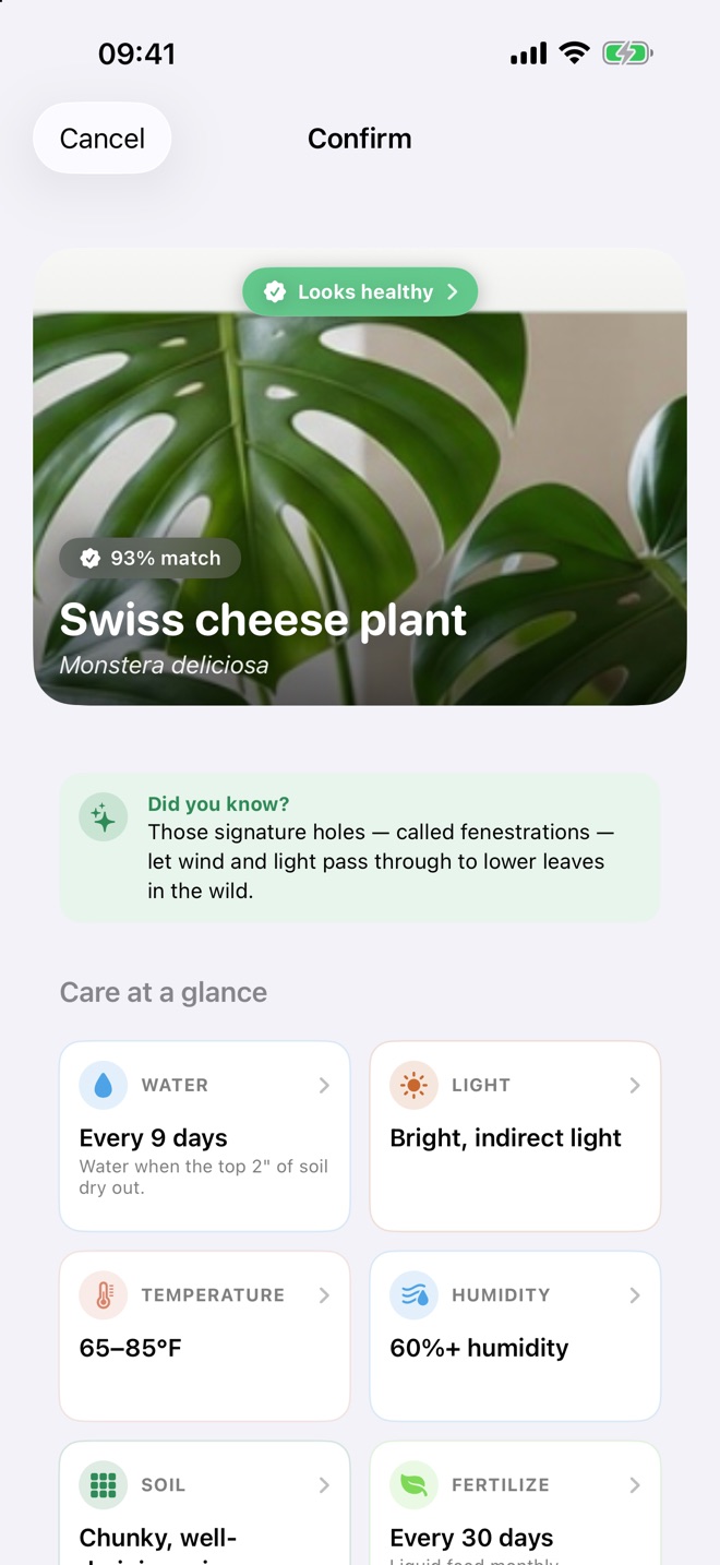 GardenIQ plant identification screen showing a Swiss cheese plant