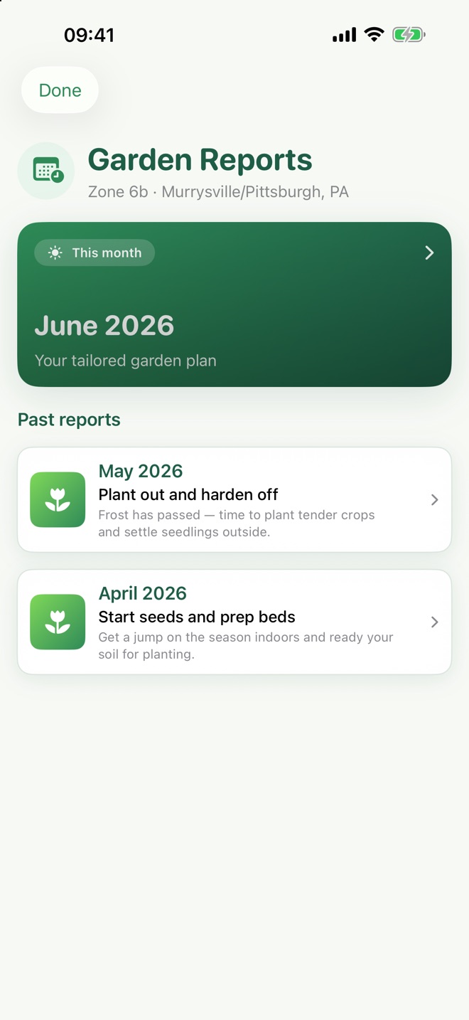 GardenIQ Plus monthly Garden Report for Zone 6b