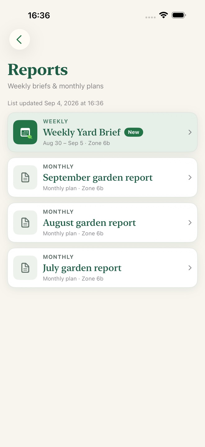 GardenIQ current weekly brief and monthly reports for Zone 6b